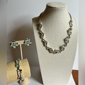Sarah Coventry Green Faux Emeralds Rhinestones Necklace, Bracelet Earrings Set
